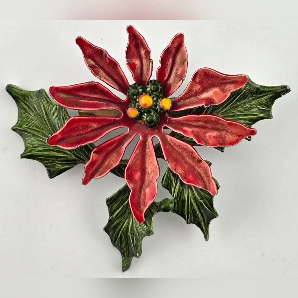 Vintage Enamel Poinsettia Flower Christmas Brooch Pin